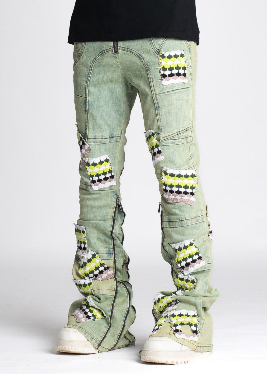 GUAPI SLIME GREEN KNIT PATCHES DENIM