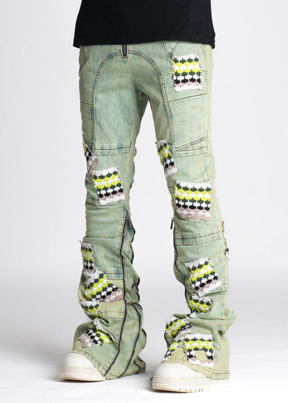 GUAPI SLIME GREEN KNIT PATCHES DENIM