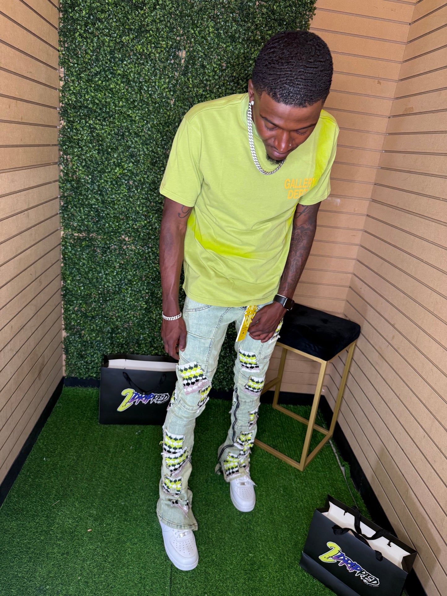 GUAPI SLIME GREEN KNIT PATCHES DENIM