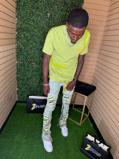 GUAPI SLIME GREEN KNIT PATCHES DENIM