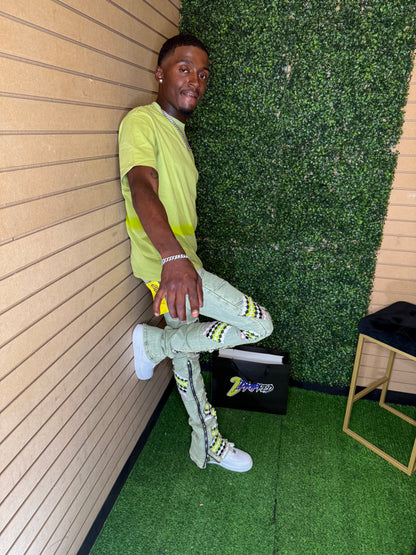 GUAPI SLIME GREEN KNIT PATCHES DENIM