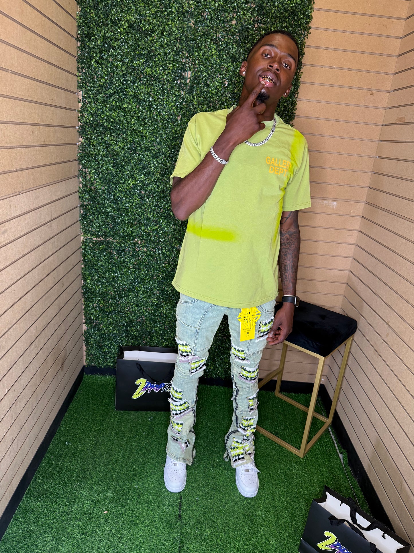 GUAPI SLIME GREEN KNIT PATCHES DENIM